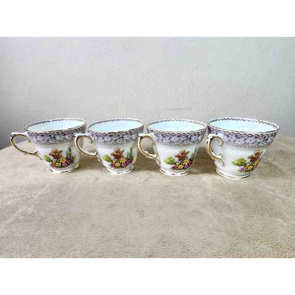 Woodland Dell Teacup Mug Sutherland Bone China Gold Trim Made in England x4 Vtg - Picture 7 of 14
